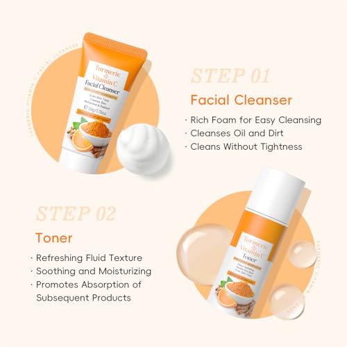 7PCS Turmeric Skin Care Set, Facial Skin Care Products Even Skin Tone, Turmeric Face Wash, Toner, Serum, Eye Cream, Face Cream, Face Mask, Smooth Glowing Travel Skincare Set for Women Girls