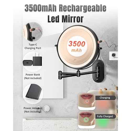 Wall Mounted Makeup Mirror with Light, 20X/1X 8'' Double Sided LED Magnifying Bathroom Lighted Vanity Mirror with Magnification, 3 Color Light up Touch Dimmable Extended Arm 360 Rotation