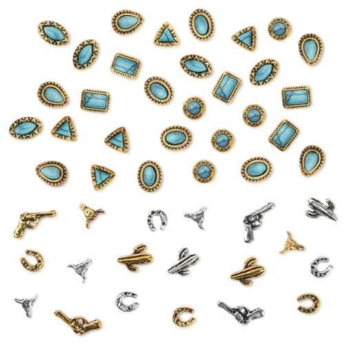 50 PCS Turquoise Nail Charms - 3D Western Nail Charms Vintage Turquoise Gems Stones Art, Retro Metal Gold Silver Cowboy Cowgirl Western Art Stickers Accessories Women DIY
