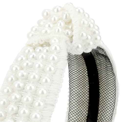 YISSION White Pearl Knotted Headband Beaded Head bands Wide Headbands for women Non Slip Jeweled Embellished Hairband Hair Accessories for Women Girls (Densely Arranged Pearls)