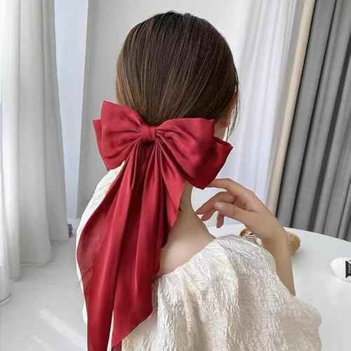 Big Red Hair Bows,Large Satin Silky Barrettes,Christmas Hair Bow Clips with Long Tail,Christmas Gifts for Women,Oversize Ribbon Clips Coquette Bows Hairs Accessories for Girls Adult