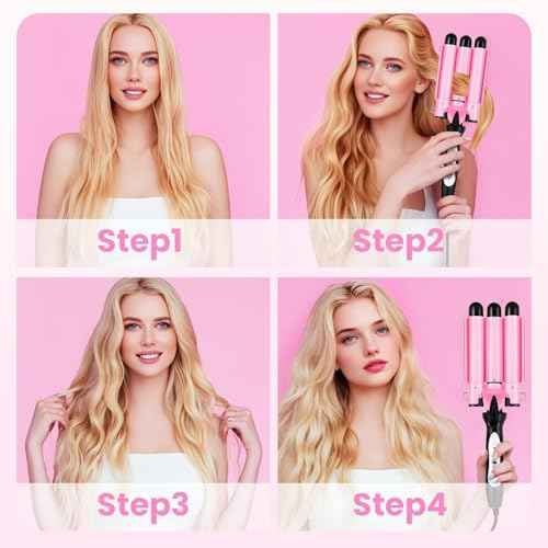 3 Barrel Curling Iron - 1" Professional Ceramic Hair Crimper with Dual Voltage & 2 Temperature Settings | 25mm Triple Barrel Waves Wand for Fast Heating Styling | Pink