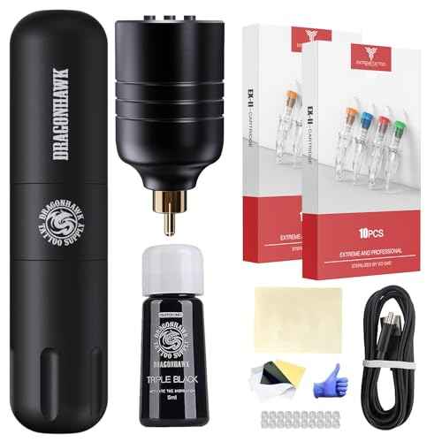 DRAGONHAWK Wireless Tattoo Machine Beginner Complete Kit Rotary Pen 50Pcs Cartridges Needles Color Inks Battery Power Supply 375DC