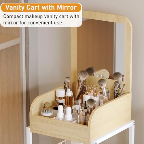 Makeup Organizer Cart with Vanity Mirror, Floor Skincare Organizers Make Up Organizers-Vanity Organizer Cosmetic Display Cases Holder for Skin Care Perfume Nail Polish Brush Hair Tool (White)