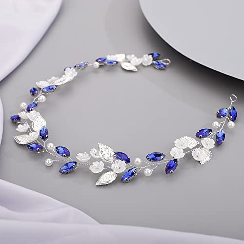 Flower Leaf Crystal Wedding Hair Vine for Bride Bridesmaid Pearls Crystal Hair Accessories for Women and Girls Blue