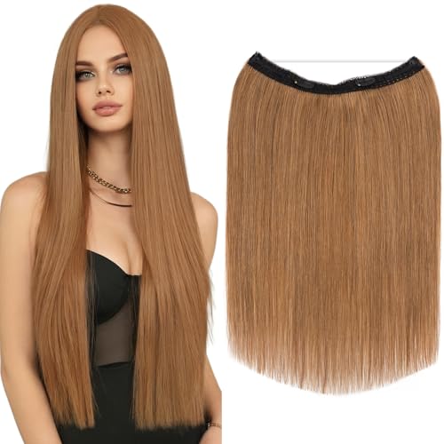 Elailite Halo Hair Extensions Real Human Hair for Women Light Brown Clip in Remy Hairpiece with Adjustable Invisible Wire 22 Inch 75G