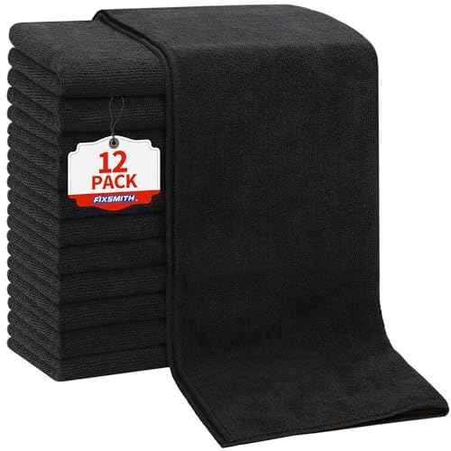 FIXSMITH Salon Towels 12 Pack, Black Hand Towels for Bathroom, Quick Dry Gym Towels, Spa Face Towel, Absorbent Microfiber Towels for Salon, Barber, Gym, Bath, Pedicure and Home Hair Care,16 x 27 in