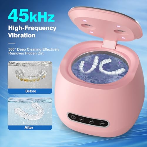 Rechargeable Ultrasonic Retainer Cleaner Machine, 45kHz Portable Dental Cleaning Pod for Dentures, Night Guards, Braces, Aligner, Toothbrush, Jewelry, 3 Cleaning Modes, 200ML Capacity, Pink