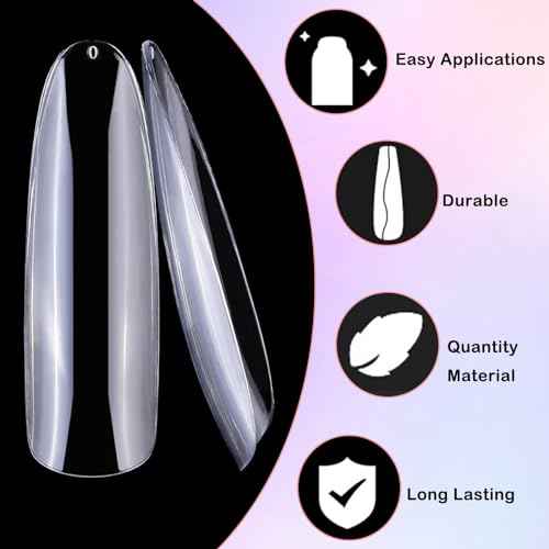 LoveOurHome 240pc XL Clear Almond Acrylic Nail Tips Full Cover Extra Long Fake Nails Oval Press on Nail Clear 12 Size False Naills for Gel Nail Extension Finernails Designs