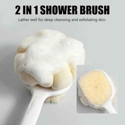 Shower Body Brush Soft Bristles and Loofah Long Handle Back Scrubber Bath Mesh Sponge Skin Exfoliating Men and Women (Grey)