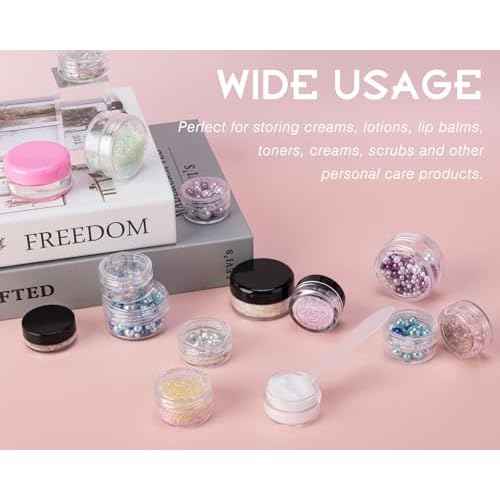 50 Count 3 Gram Sample Containers, Clear Lip Balm Containers with Lids, Small Plastic Sample Jars with 4 Mini Spoons, 50pcs Labels (Clear Lid)