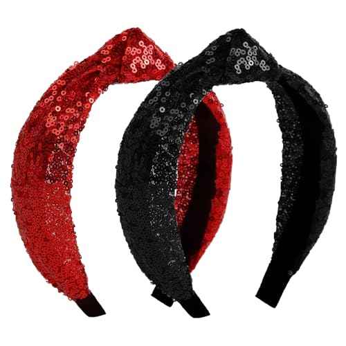 Huachi Top Knot Headbands for Women Girls Halloween Sparkly Sequin Knotted Head Bands for Women¡¯s Hair Accessories Holiday Black Red Festival Hairbands Turban Christmas Gifts