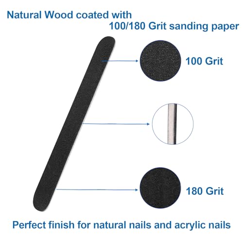 Emery Board Nail Files (24 Pack), 100/180 Grit Wooden Nail File for Natural Nails, 7 Inches Emory Filers Manicure Tool Set Disposable Nail File for Home Salon Black
