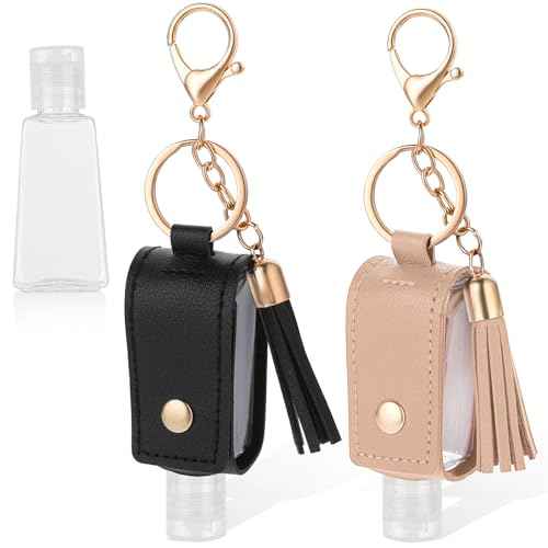 2 Pcs Portable Handwashing Fluid Holder Bottles with Keychain, Refillable Travel Size 1oz/30ml Squeeze Containers for Toiletry, Lotion, Liquid Soap, Shampoo (Black+Khaki)
