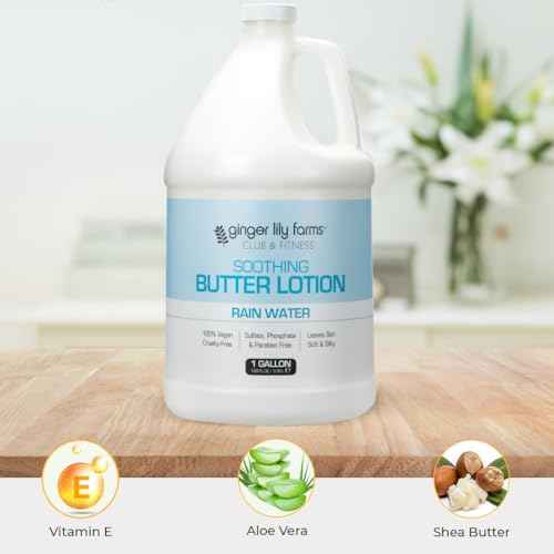 Ginger Lily Farms Club & Fitness Soothing Butter Lotion for Dry Skin, 100% Vegan & Cruelty-Free, Rain Water Scent, 1 Gallon (128 fl oz) Refill