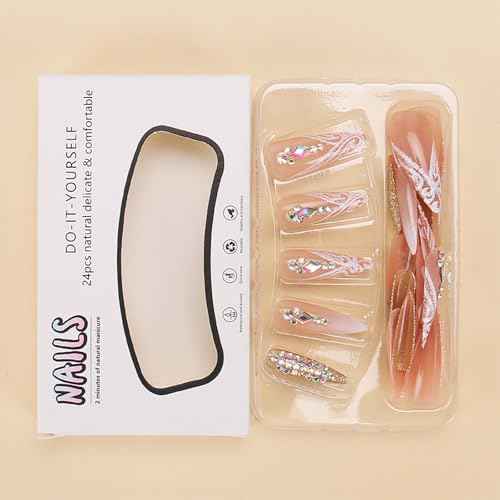 Press On Nails Almond Fake Nails Press Ons Stiletto False Nails Flower Rhinestone Acrylic Nails Glitter Bling Glue On Nails For Women 24pcs (Nude Almond Long)