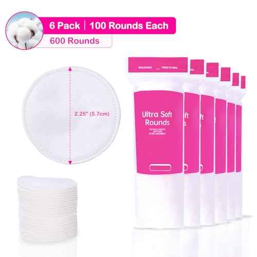 600 PCS Cotton Rounds ? 100 Count (Pack of 6) - Soft, Absorbent, Face Pads for Makeup Removal, Skincare, Skin Care and Facial Cleansing - Lint Free