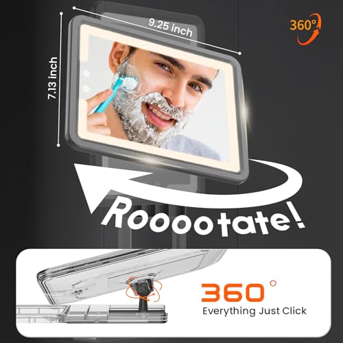 LED Fogless Shower Mirror for Shaving - Heated Fog Free, 3 Dimmable Lights, 360¡Æ Adjustable, Rechargeable - with Storage Tray, Razor & Shaving Brush Holders, Gifts for Men