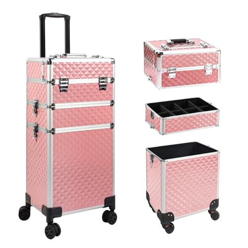 EBANKU Rolling Makeup Train Case Large Capacity Cosmetic Trolley, 3 in 1 Aluminum Professional Salon Travel Case with Key Swivel Wheels Traveling Cart Trunk for Hairstylists Nail Tech - Pink