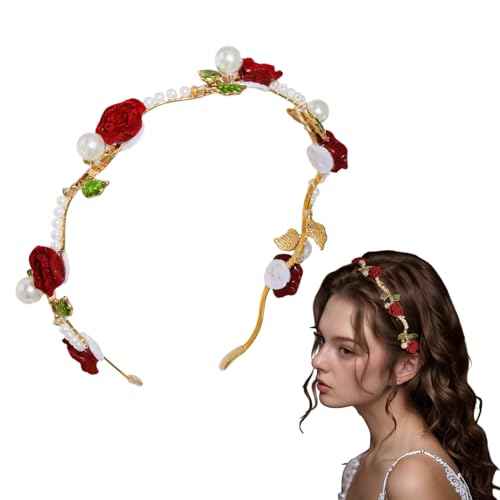 Red Rose Metal Hair Wreath Pearl Floral Flower Crown Headpiece Dainty Forest Style Headband Artificial Roses Hair Accessories for Girl and Flower Girls Bridal Wedding Party Photos