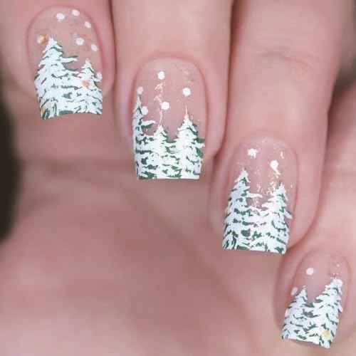 Christmas Nude Press on Nails Short Square Fake Nails with Xmas Tree Glitter Designs Glossy Artificial Nails Full Cover Stick on Nails Christmas Glue on Nails for Women Nail Art DIY 24Pcs