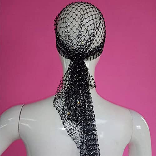 JEAIRTS Rhinestone Head Scarf Sparkly Mesh Headband Stretchy Crystal Nightclub Headwrap Rave Hair Accessories for Women (1-Black, Free Size)
