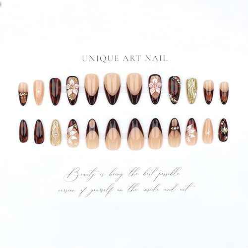 24Pcs Almond Press on Nails Medium Fake Nails with Brown Flower Designs French Nails 3D Gold Texture False Nails Star Press ons Pearl Jewelry Acrylic Nail Cute Stick on Nail for Women Manicure