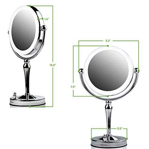 Ovente Lighted Makeup Mirror Tabletop 7.5'' 360 Degree Double Sided Spinning 1X 10X Round Magnifier, LED with Dimmer Switch, Acrylic Edge, Battery & USB Adapter Operated, Polished Chrome MKT75CH1X10X