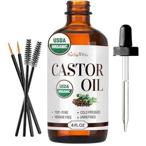 BodyJ4You Organic Castor Oil - 100% Pure Natural Cold Pressed USDA Certified Organic - Hexane Free Unrefined Non GMO - Lashes & Eyebrow Kit Mascara Tube Brush Wand Hydrating Oil - Glass Bottle 4oz