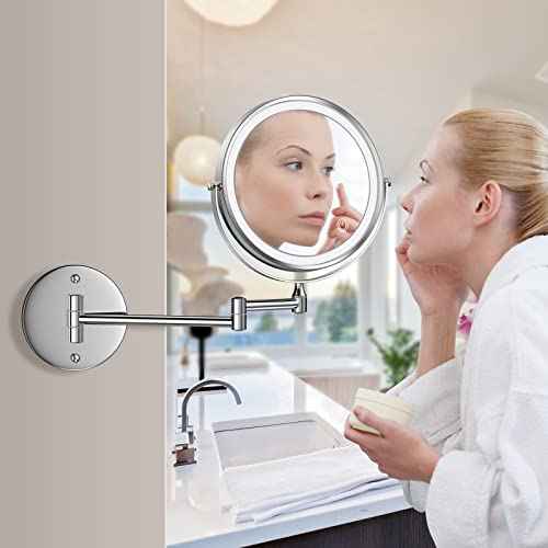 Rocollos Rechargeable Wall Mounted Lighted Makeup Mirror Chrome, 8 Inch Double-Sided LED Vanity Mirror 1X/10X Magnification,3 Color Lights Touch Screen Dimmable 360¡ÆSwivel 13 Inch Extendable