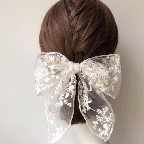 Vintage Large Lace Bow Hair Clip Barrette - White Silk Bow Lace Hair Accessories for Women