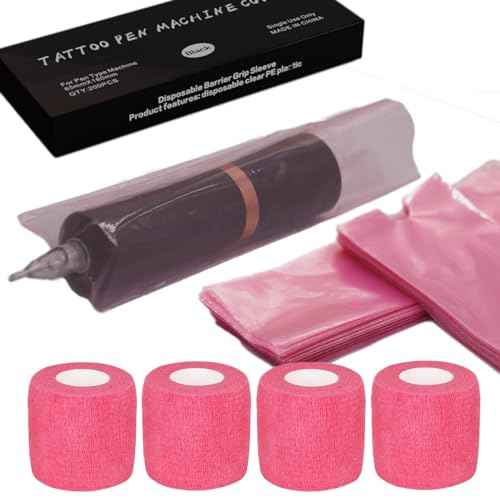 200 Pink Tattoo Pen Covers & 4 Grip Tapes - Large Tattoo Machine Covers & Tattoo Tape Wrap - Tattoo Supplies
