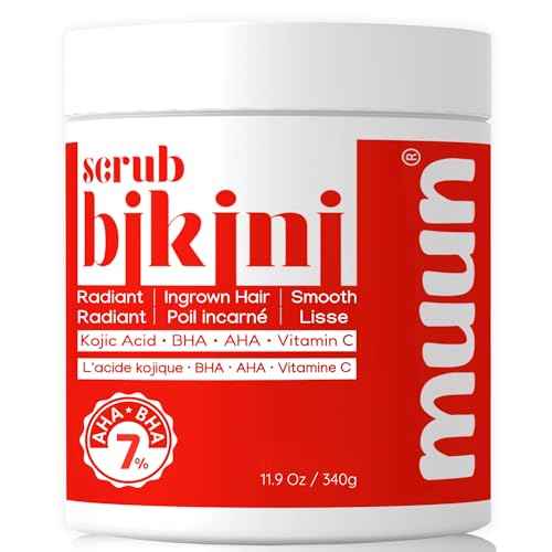 Muun Bikini Area Exfoliator, 2% Kojic Acid Vitamin C & 7% AHA/BHA Even Skin Tone & Ingrown Hair - Underarm Scrub - Radian, Smoothe & Soften Body Scrub