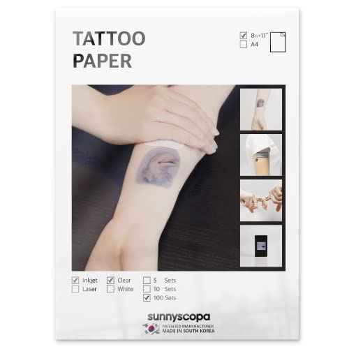 Sunnyscopa Printable Temporary Tattoo Paper for INKJET printer - US LETTER SIZE 8.5"X11", 100 SHEETS - DIY Personalized Image Transfer Sheet for skin - Custom Waterslide Decal Stencil Henna