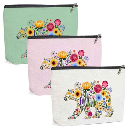 3 Pack Cute WildFlower Bear Flower Makeup Bag,Cosmetic Bags for Women,Travel Toiletry Bag Bears Themed Gifts for Women Florals Bears Loves Girls Trip Bachelorette Party Birthday Christmas Weekend