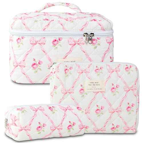 3Pcs Cotton Quilted Makeup Bag Large Travel Cosmetic Bag Coquette Makeup Pouch Cute Aesthetic Floral Toiletry Bag for Women Girls (flower-R)