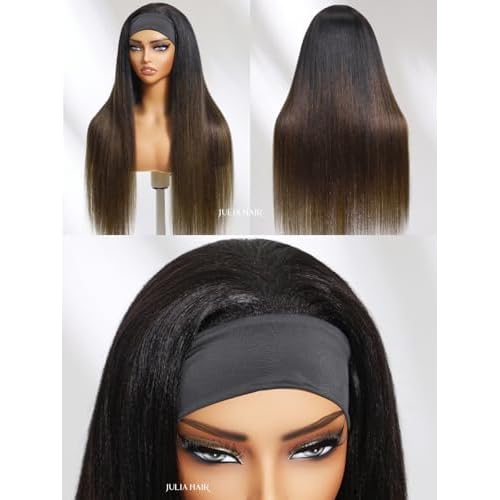 Julia Hair 12A Headband Wig Human Hair Yaki Straight Glueless None Lace Half Wig With Pre-attached Scarf Ombre Chestnut Brown Highlight With Dark Roots for Black Women Put on and Go 18 Inch