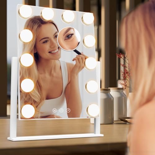 Vanity Mirror with Lights, Hollywood Lighted Makeup Mirror with 3 Color Lighting Modes and 12 Dimmable Bulbs, Detachable 5X Magnification, Smart Touch Control, 360¡ÆRotation, White