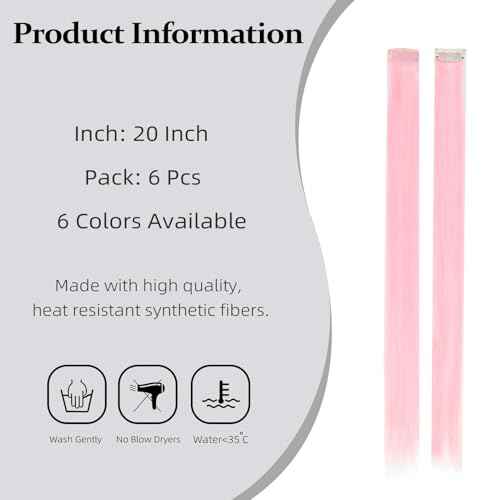 6 Pcs Colored Clip in Hair Extensions, 20 Inch Light Pink Hair Extensions Clip ins for Kids and Girls, Synthetic Straight Colored Hair Clip ins, Party Highlight Clip in Hairpieces for Women