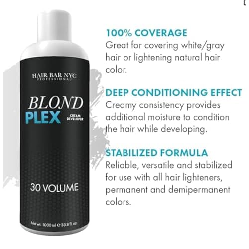 HAIR BAR NYC 30 Volume - Blond Plex Anti-Yellow Porfessional Lightening System for Charcoal Hair Bleach - Violet Developer with Plex, Reduce Brassy, Eliminates Orange Tones 33.8oz/1lt
