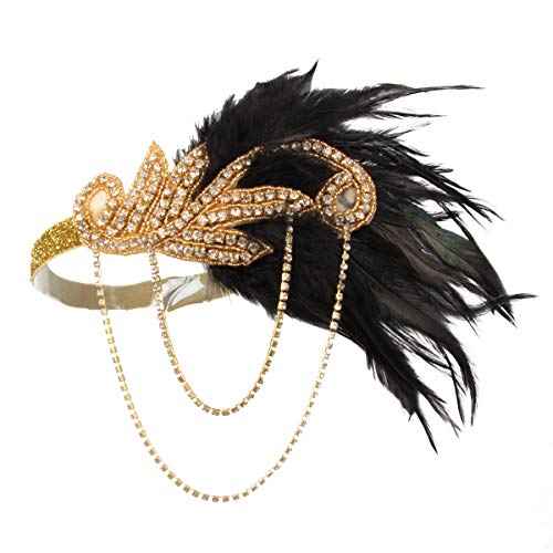 1920s Flapper Headband Roaring Vintage Feather Headpiece Gold Bling Rhinestone 20s Gatsby Hair Accessories for Women