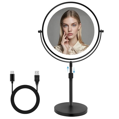 8.7" Large Lighted Makeup Mirror, 1X/10X Magnifying Mirror with 3 Color Dimmable Lights, Double Sided Vanity Mirror, Height Adjustable, 360¡Æ Swivel Cosmetic Mirror for Women Girl(Black)