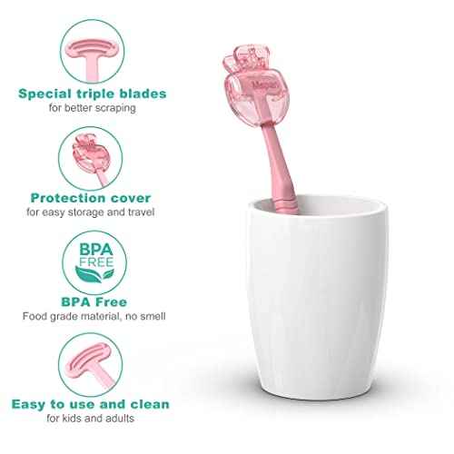 Mspan Tongue Scraper Cleaner Brush: Tongue Care Cleaning Scrubber with Plastic Travel Case Cover for Adults kids - Clean Oral Bad Breath Pink White 2 Pack