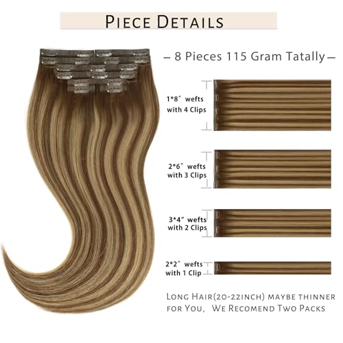 Caliee Seamless Clip in Hair Extensions Human Hair 14 Inch 115G Full Head Double Weft R4-4/27 Chocolate Brown to Caramel Blonde with Brown Roots 8Pcs Balayage Human Hair Clip in Extensions