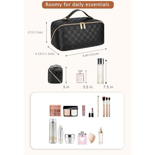 Large Capacity Travel Cosmetic Bag - Portable Makeup Bags for Women Waterproof PU Leather Checkered Makeup Organizer Bag with Dividers and Handle,Toiletry Bag for Cosmetics