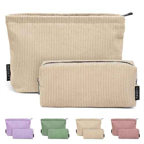 MAGEFY Small Makeup Bag, 2 PCS Corduroy Make up Bag for Purse Large Capacity Travel Cosmetic Bag for Women Zipper Makeup Pouch for Travelling Preppy Stuff - Beige