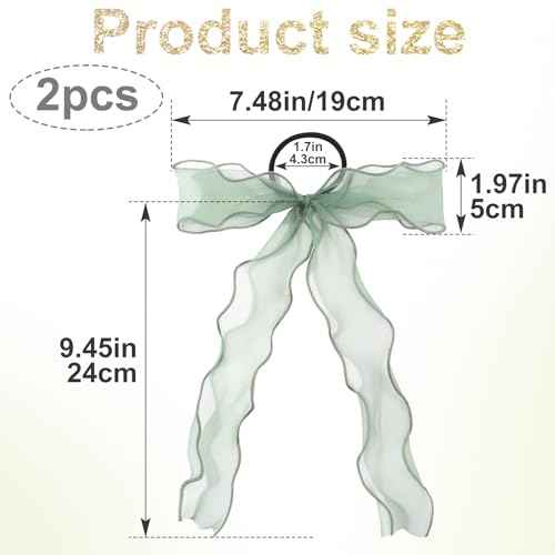 2Pcs Large Bow Hair Ties, Light Green Organza Ribbon Bow Hair Scrunchies for Women, Elegant Long Tail Bowknot Ponytail Holder French Hair Accessories for Wedding, Parties, Festivals