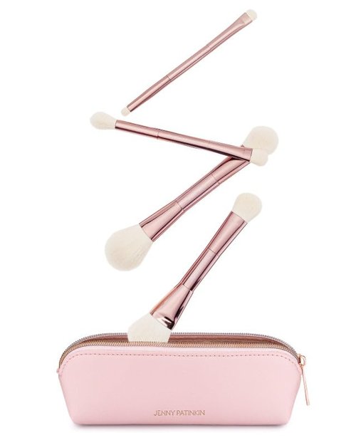 Jenny Patinkin Luxury Sustainable Mini Dual-Ended Makeup Brush Set, 4 Piece Professional & Travel Makeup Brushes with Case, Vegan, Cruelty-Free Brush Kit for Face and Eyes, Eco Friendly, On-The-Go Use