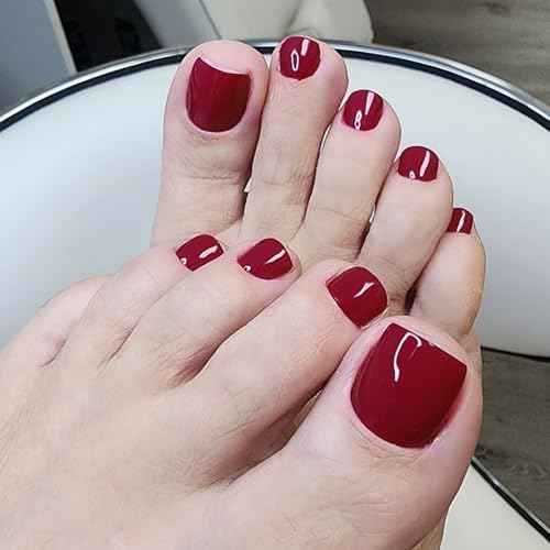 Press on Toenails Short Square Burgundy Fake Toenail Glue ons Glossy Acrylic False Toe Press on Nails Artificial Toe Nail Tips for Women Girls,180Pcs