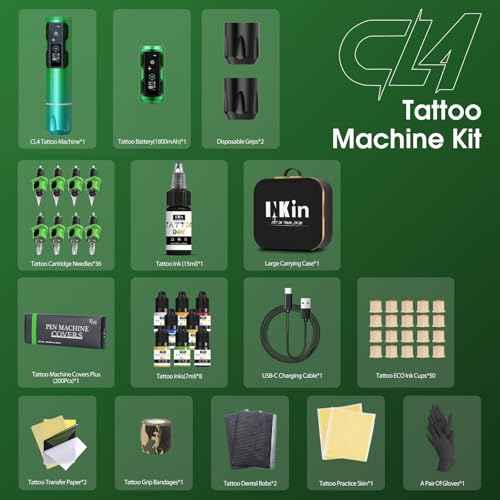INKin Tattoo Gun Kit for Beginners, CL4 Wireless Tattoo Machine with 4.0mm Stroke and 2Pcs 1800mAh Power, Tattoo Kit Complete with 56Pcs Tattoo Needles and 9Pcs Ink, Smooth and Quiet for Tattoo Artist